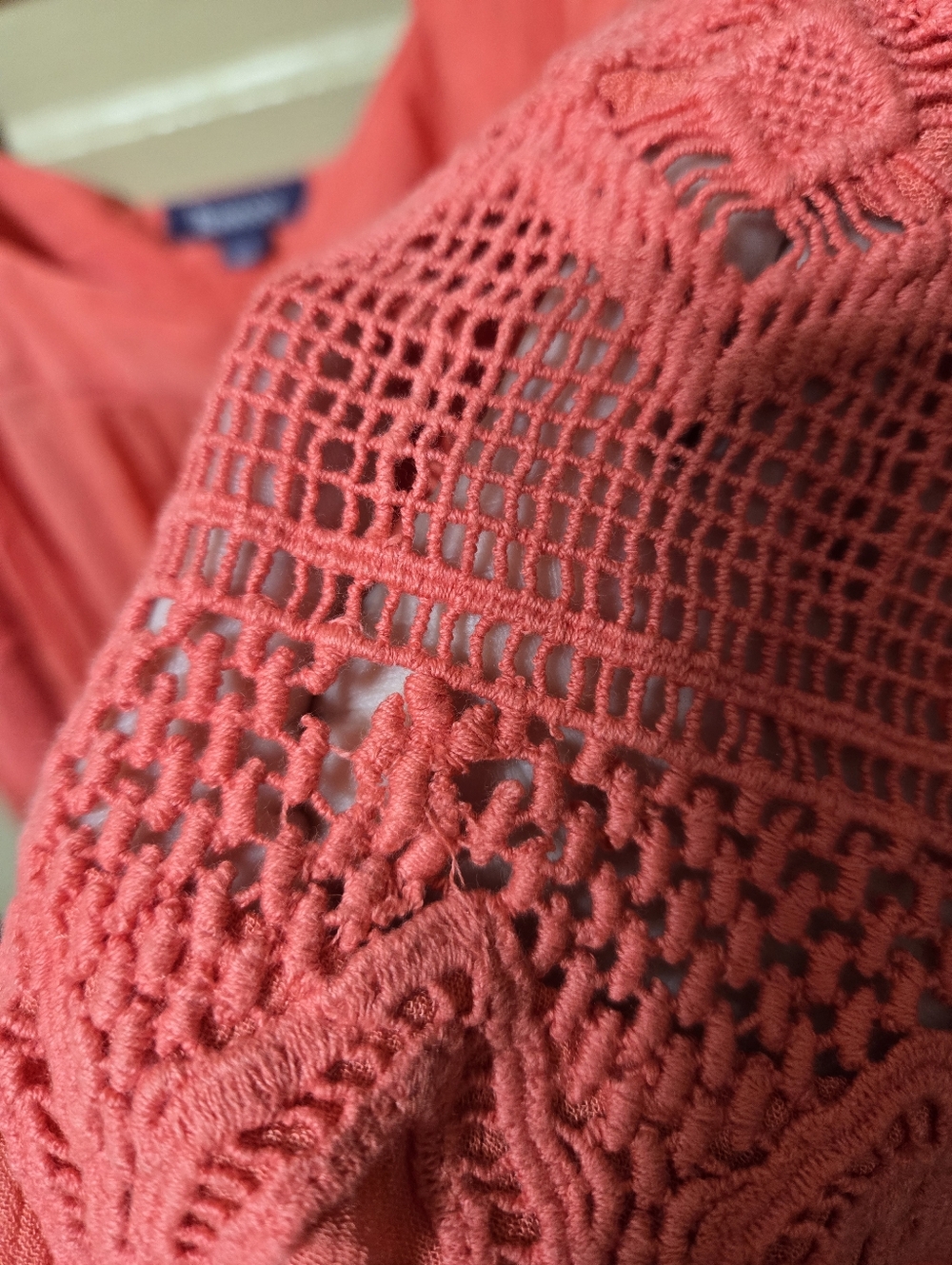 Roaman's Boho Coral Pink Crochet Arm Square Neck Blouse Size: 32W Plus Size - Picture 6 of 6
